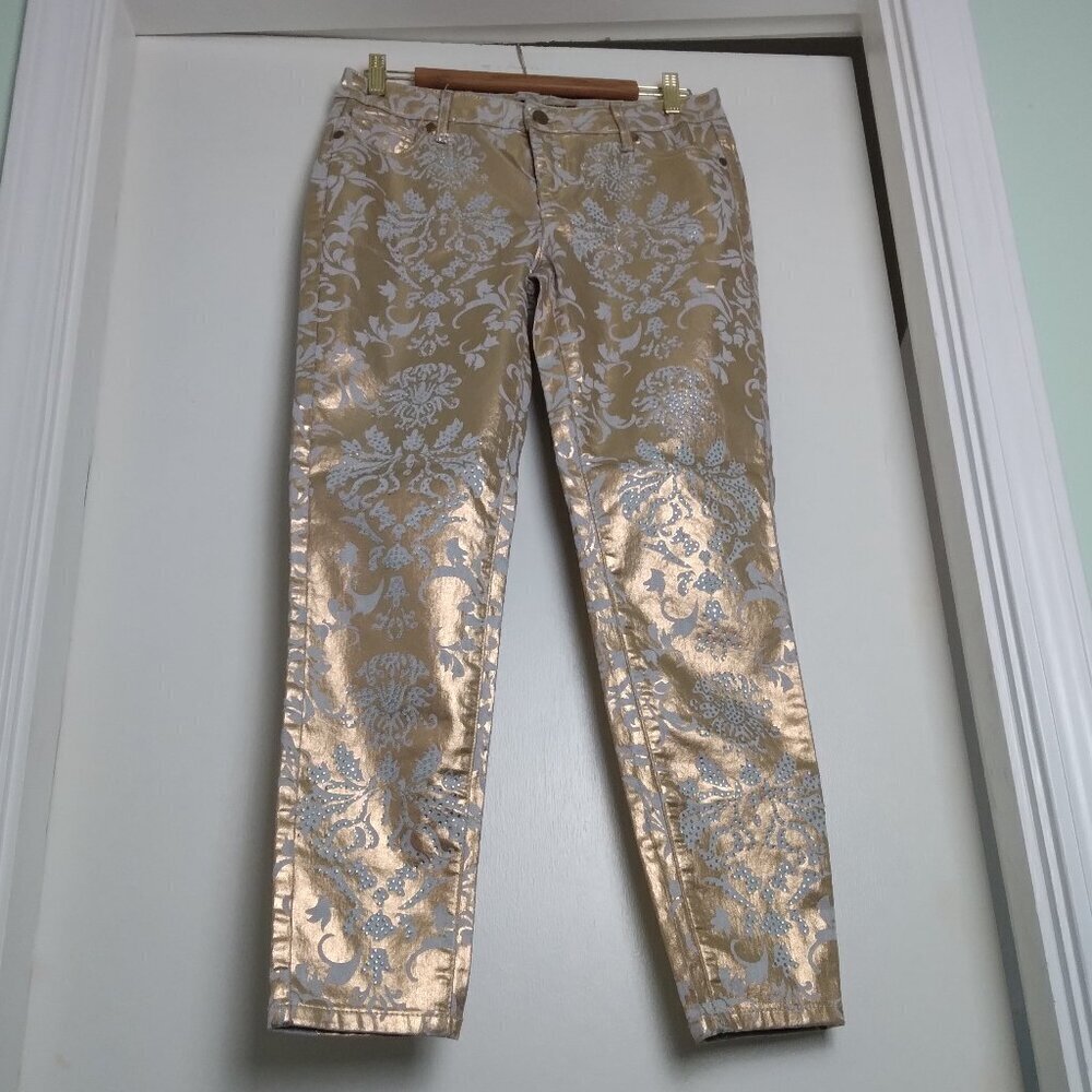 Boston Proper White Baroque Pattern Rhinestone Front on Gold Metallic Jeans Sz28